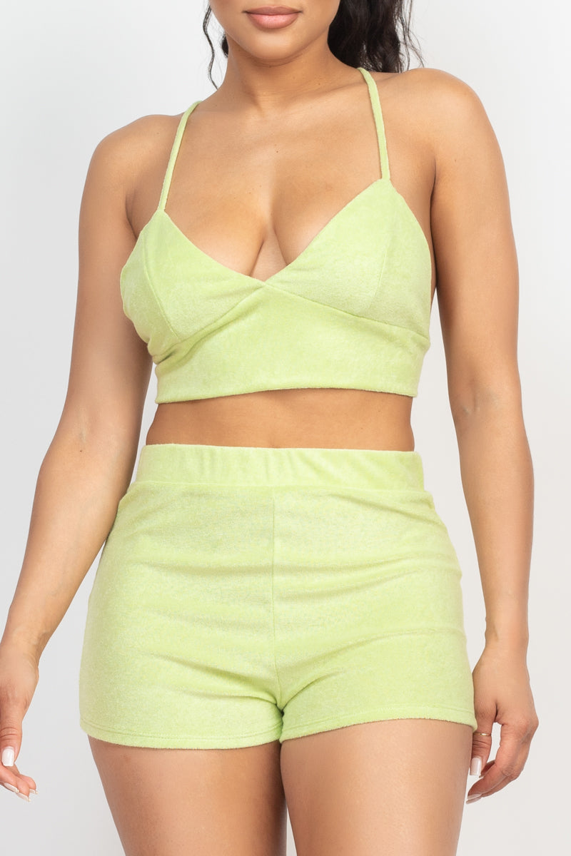 SummerFalling-Terry Towel Bralette Top & Mini Shorts Set