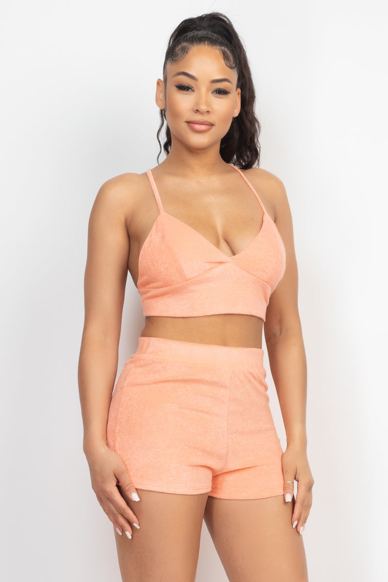 SummerFalling-Terry Towel Bralette Top & Mini Shorts Set