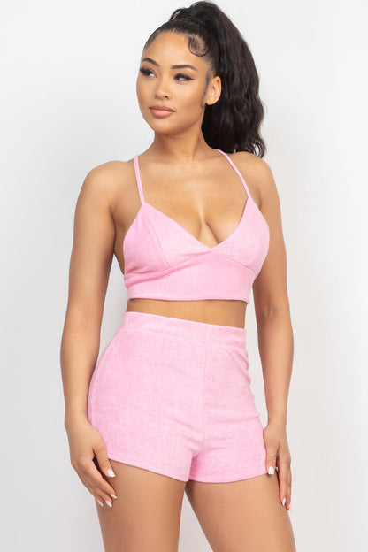 SummerFalling-Terry Towel Bralette Top & Mini Shorts Set