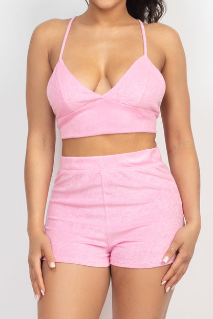 SummerFalling-Terry Towel Bralette Top & Mini Shorts Set