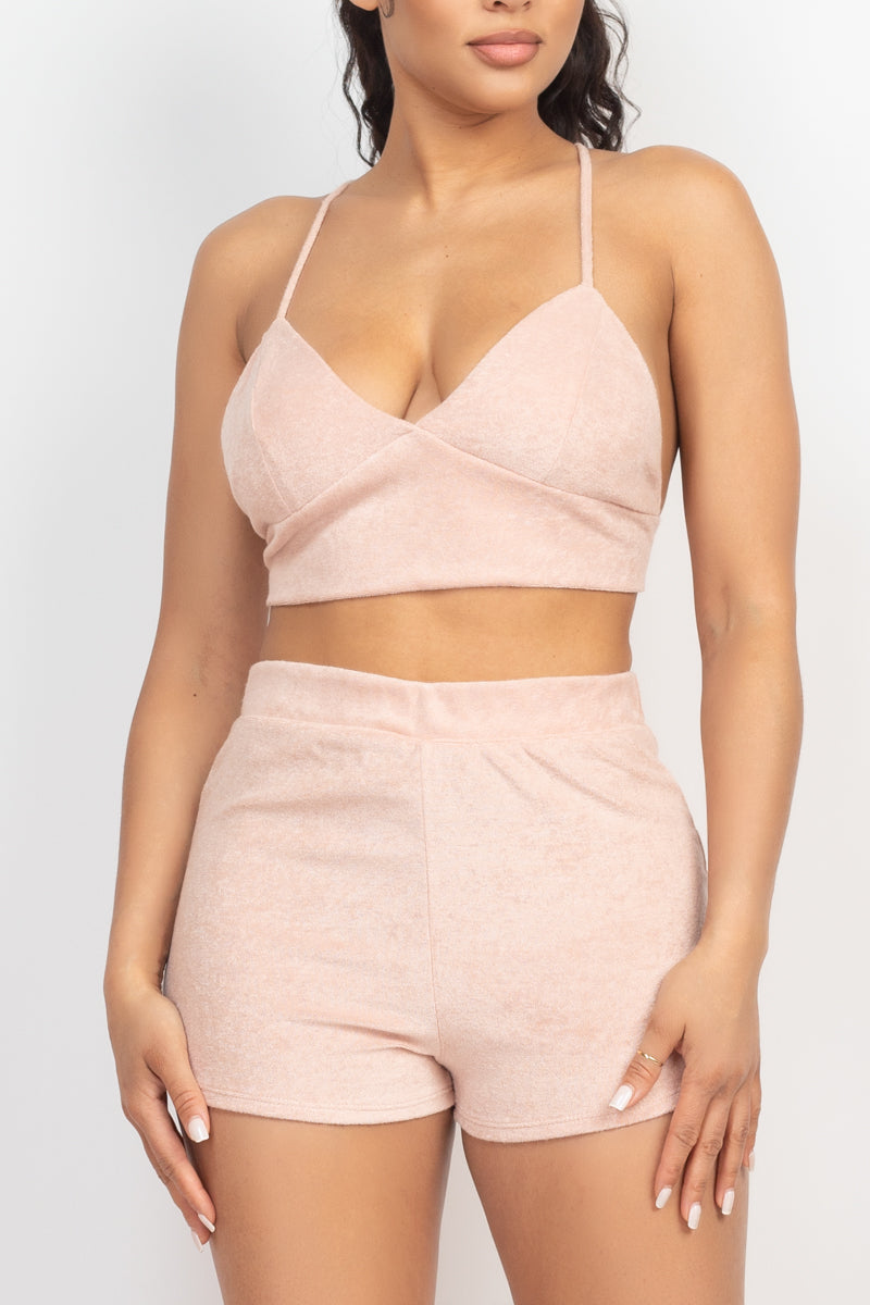 SummerFalling-Terry Towel Bralette Top & Mini Shorts Set