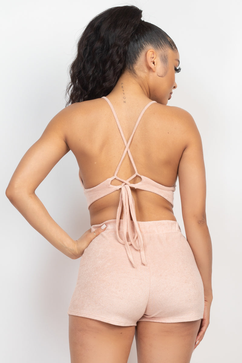 SummerFalling-Terry Towel Bralette Top & Mini Shorts Set