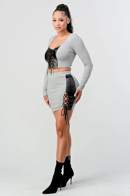 SummerFalling-2 Piece Set With Cropped Long Sleeve Shirt With Pu Leather Detail Matching Mini Skirt