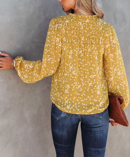 Yellow Split Neck Fall Printed Crinkled Blouse