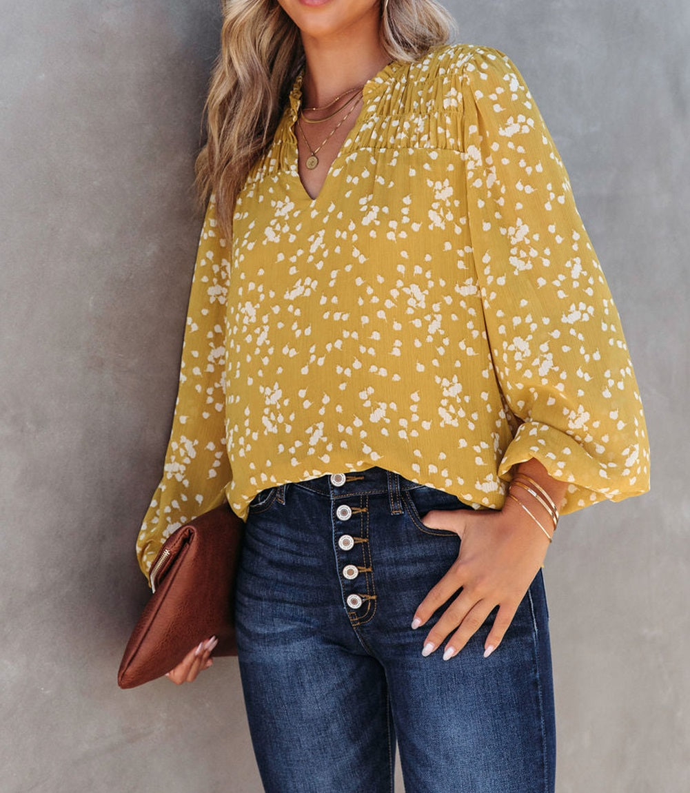 Yellow Split Neck Fall Printed Crinkled Blouse