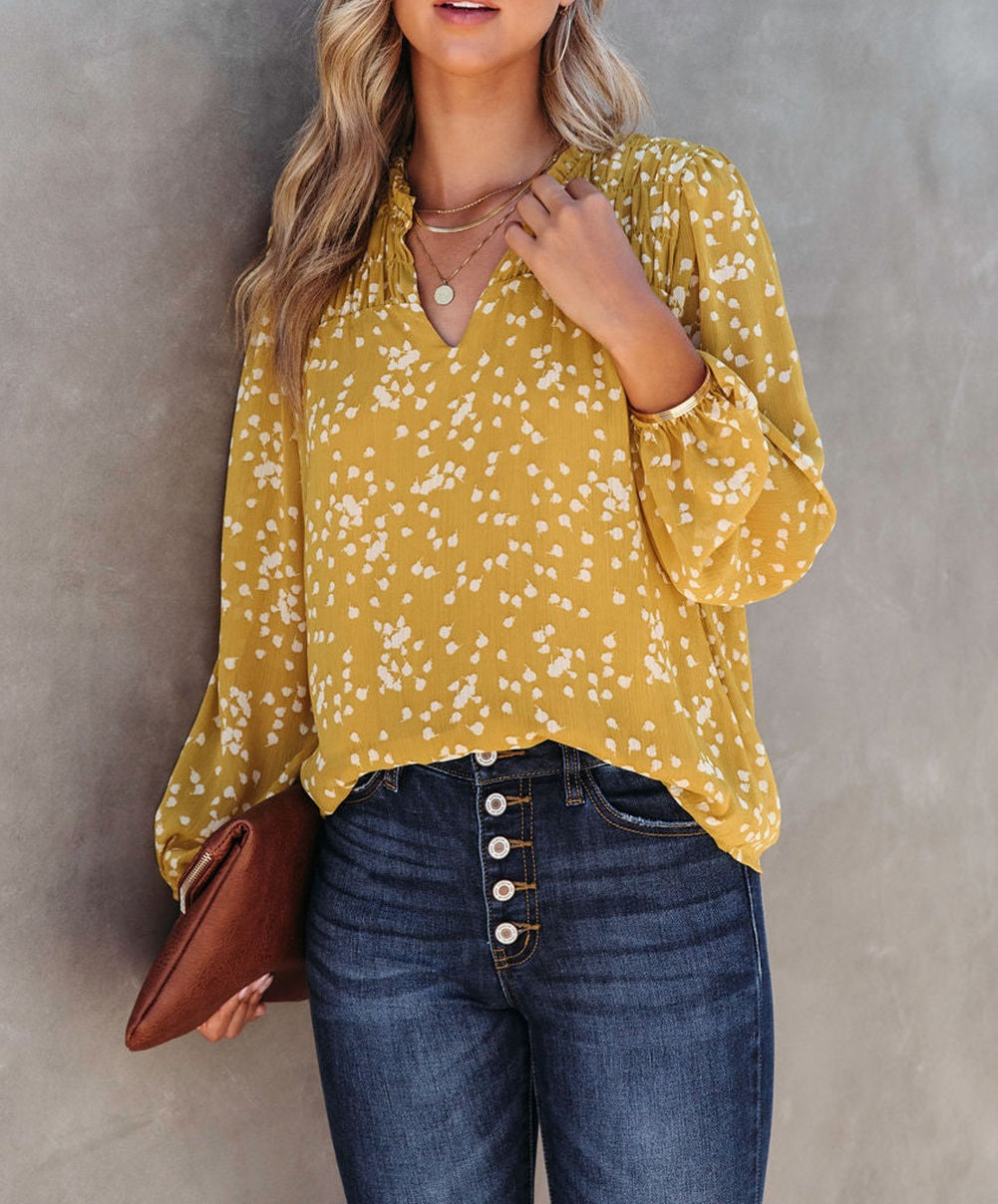 Yellow Split Neck Fall Printed Crinkled Blouse