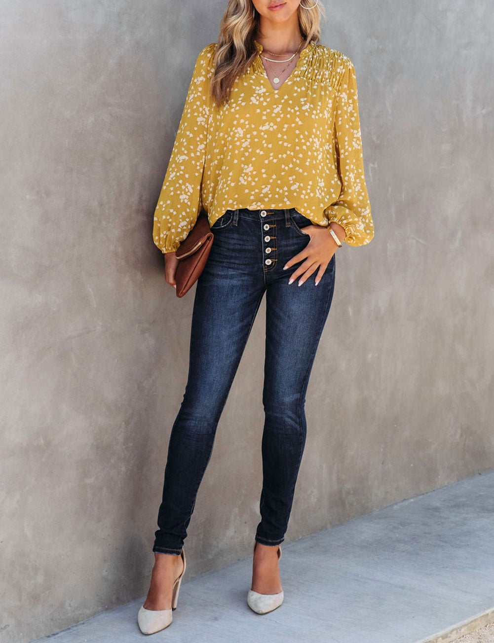 Yellow Split Neck Fall Printed Crinkled Blouse