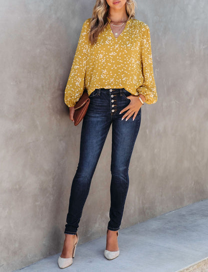 Yellow Split Neck Fall Printed Crinkled Blouse