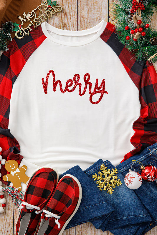 White Christmas Merry Letter Printed Buffalo Plaid Long Sleeve Top