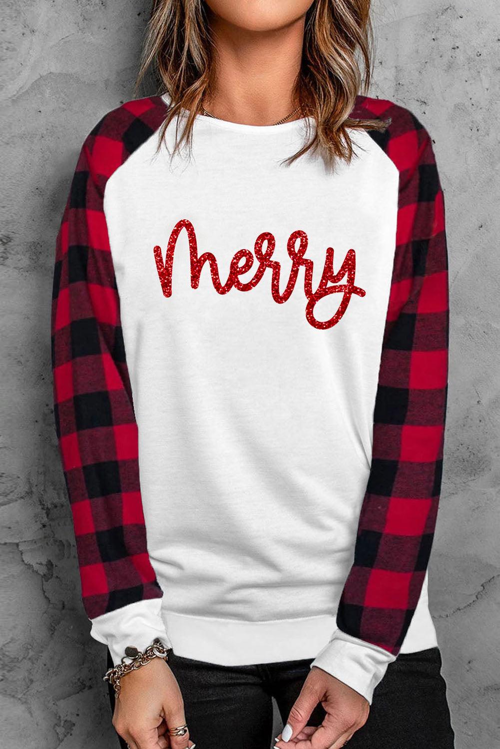 White Christmas Merry Letter Printed Buffalo Plaid Long Sleeve Top