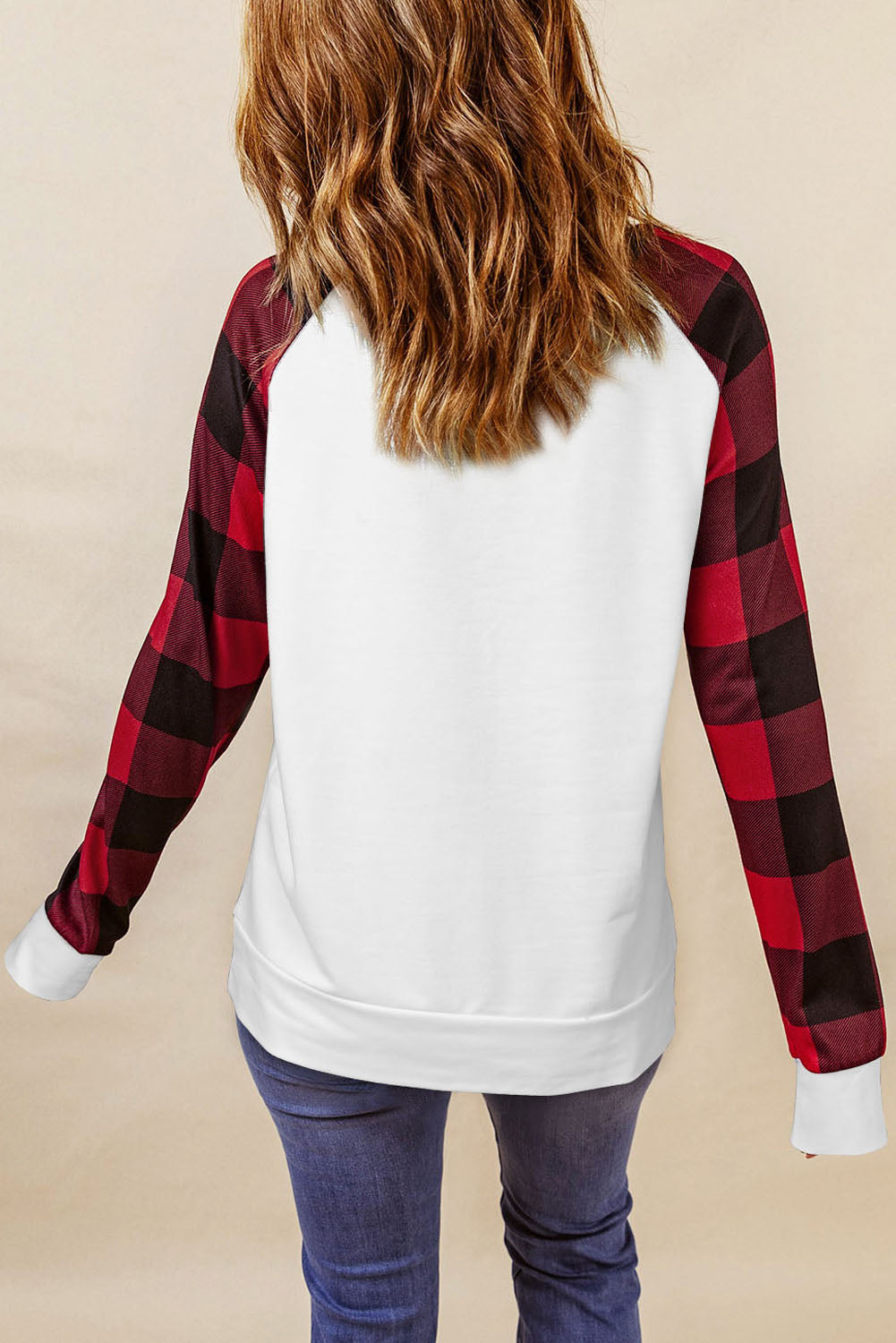 White Christmas Merry Letter Printed Buffalo Plaid Long Sleeve Top