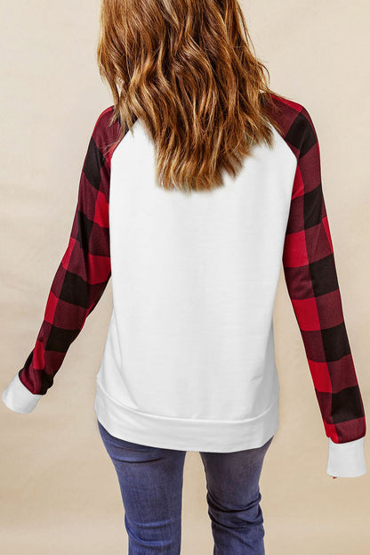 White Christmas Merry Letter Printed Buffalo Plaid Long Sleeve Top