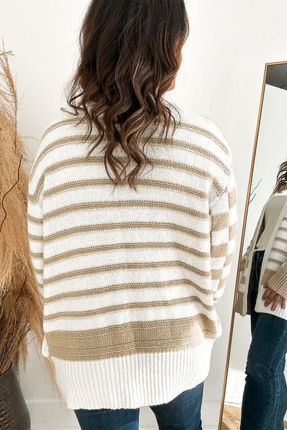 Smoke Gray Gingham Striped Knitted Open Front Cardigan