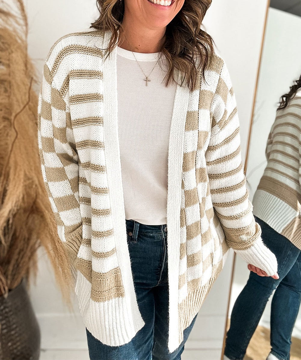 Smoke Gray Gingham Striped Knitted Open Front Cardigan