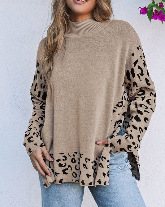 Khaki Leopard High Neck Side Slit Oversized Sweater