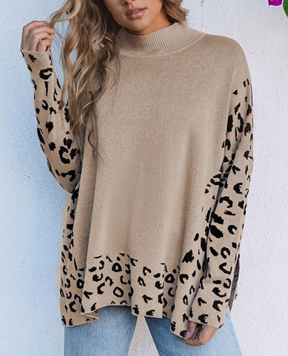 Khaki Leopard High Neck Side Slit Oversized Sweater