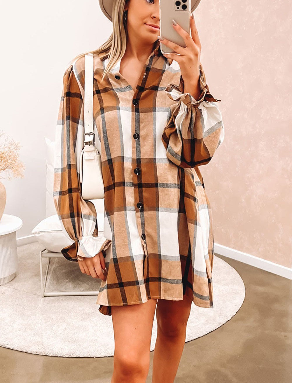 Khaki Plaid Pattern Collared Neck Ruffled Sleeve Shirt Dress