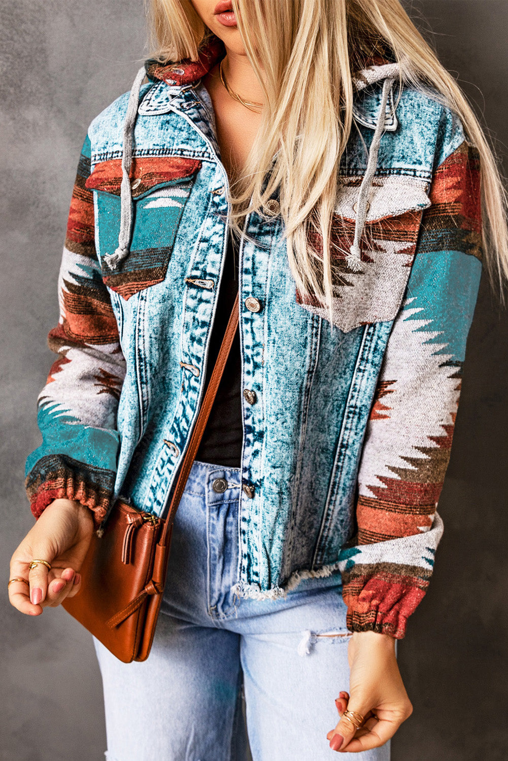 Multi Colored Aztec Printed Denim Jacket With Polished Hem