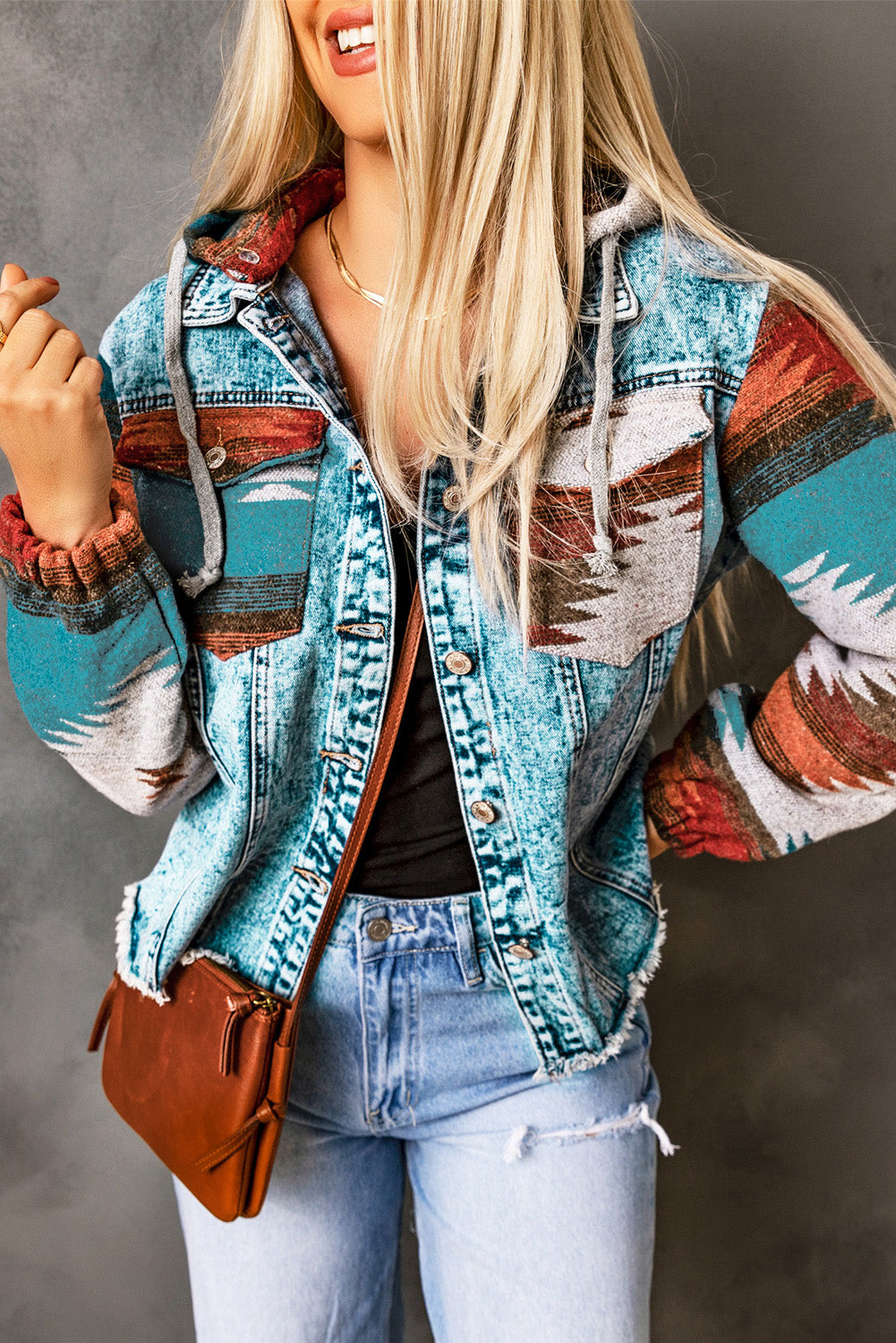 Multi Colored Aztec Printed Denim Jacket With Polished Hem