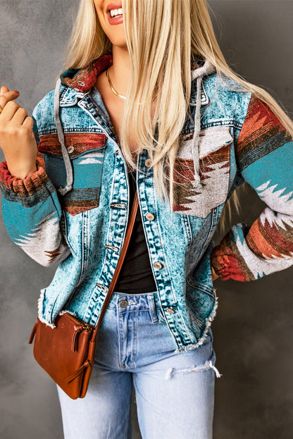 Multi Colored Aztec Printed Denim Jacket With Polished Hem