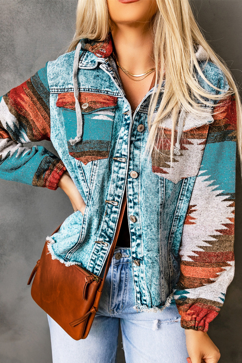 Multi Colored Aztec Printed Denim Jacket With Polished Hem