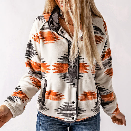 Multicolour Western Aztec Snap Buttoned Fleece Jacket