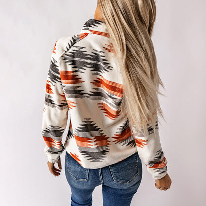 Multicolour Western Aztec Snap Buttoned Fleece Jacket