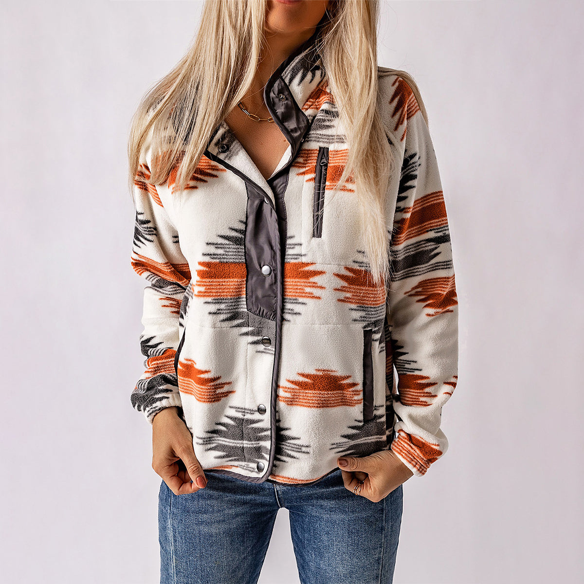 Multicolour Western Aztec Snap Buttoned Fleece Jacket