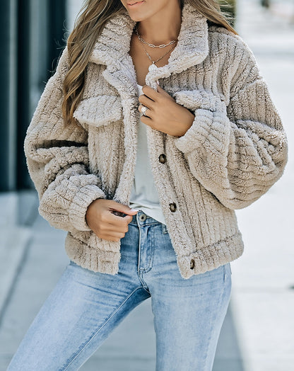 Khaki Solid Color Plush Fleece Button Up Jacket
