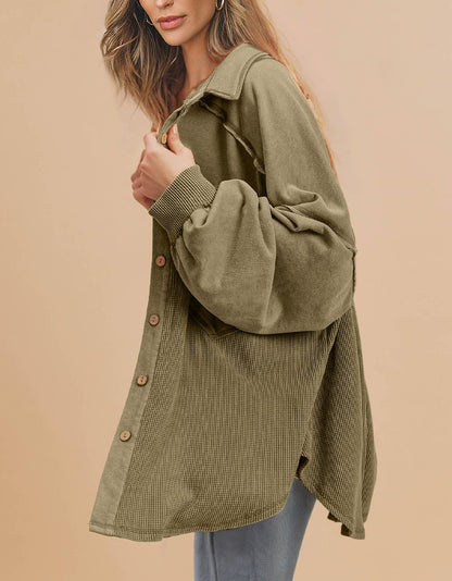 Waffle Knit Patchwork Buttoned Oversized Shacket