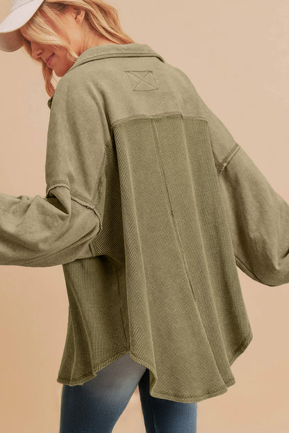 Waffle Knit Patchwork Buttoned Oversized Shacket