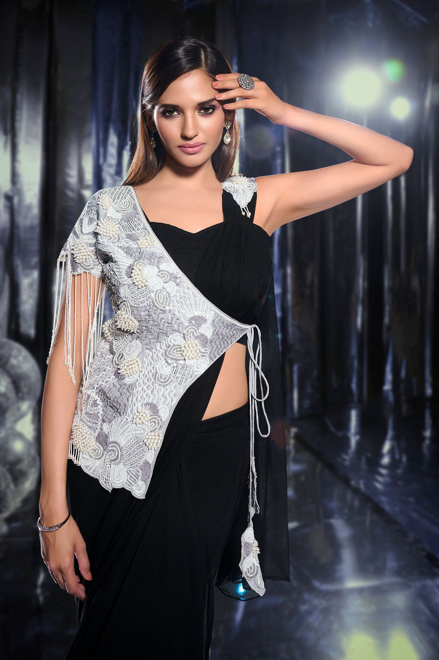 SummerFalling-Black Draped Saree with Embellished Cape