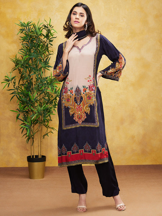 SummerFalling-Black Digital Printed Premium Silk Pants Set