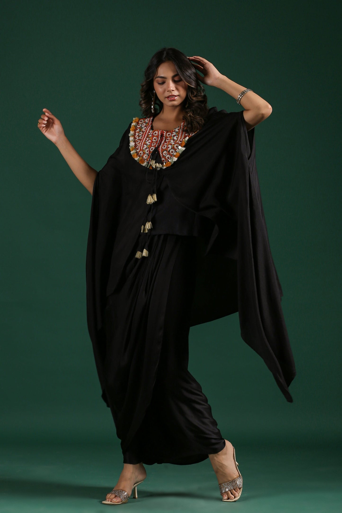 SummerFalling-Black Embroidered Premium Silk Skirt Set