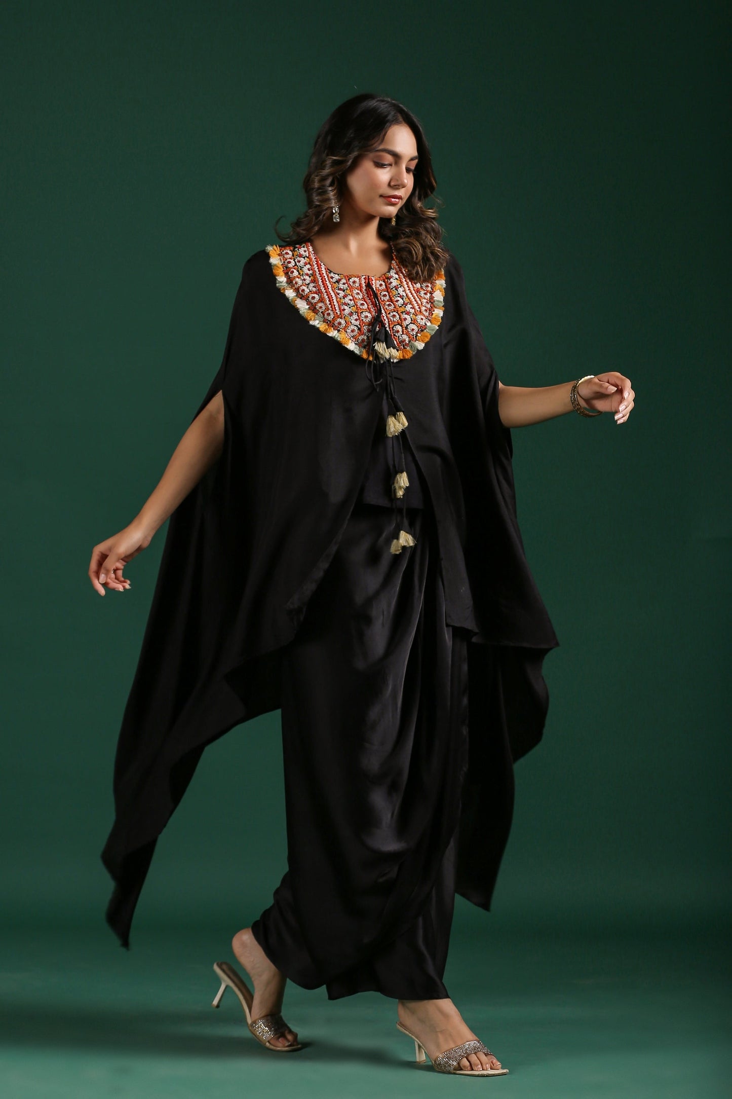 SummerFalling-Black Embroidered Premium Silk Skirt Set