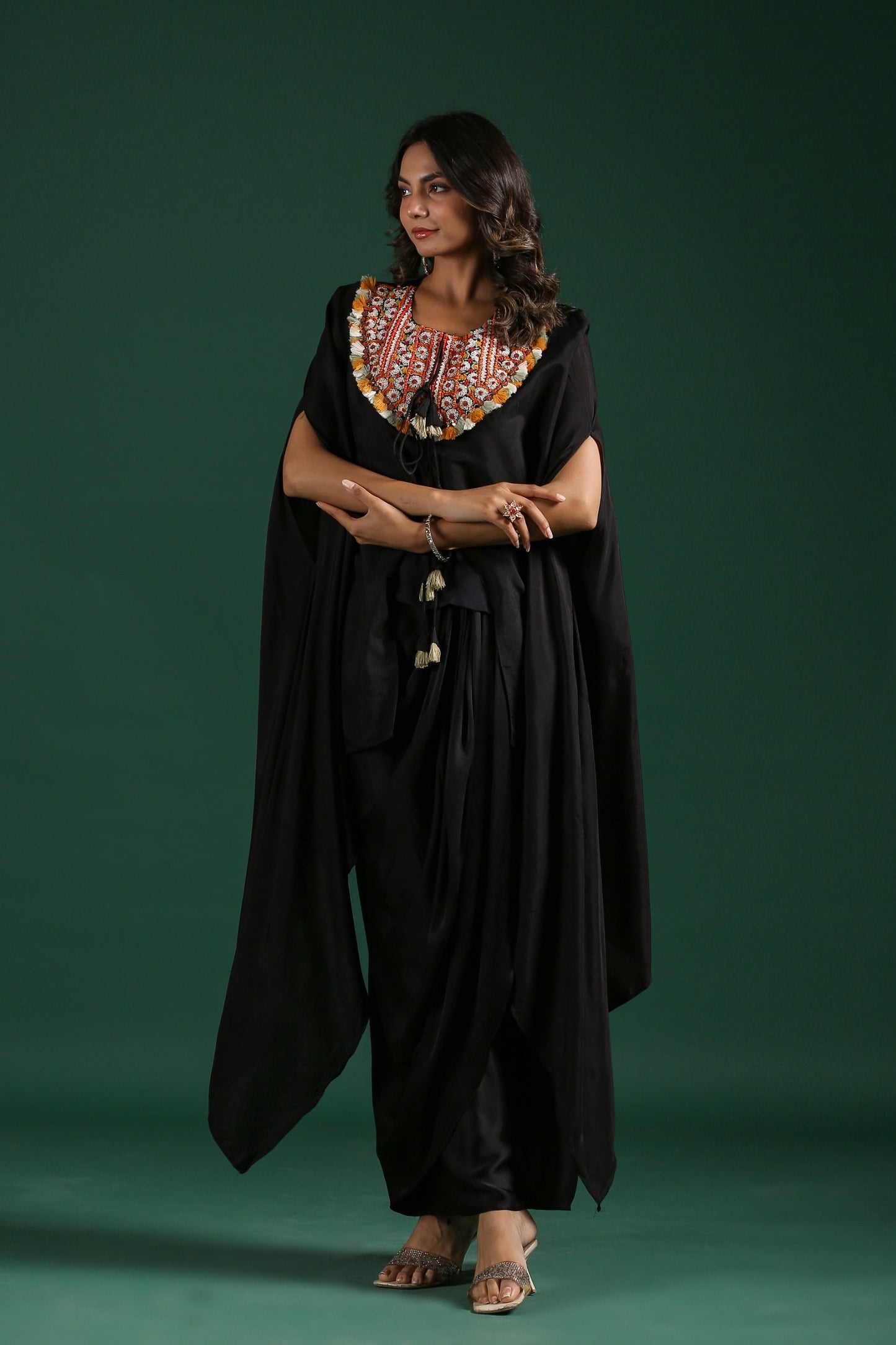 SummerFalling-Black Embroidered Premium Silk Skirt Set