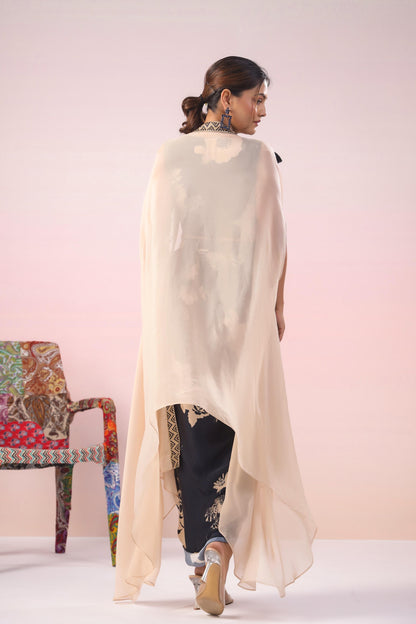 SummerFalling-Black Digital Printed Premium Organza Silk Cape Set