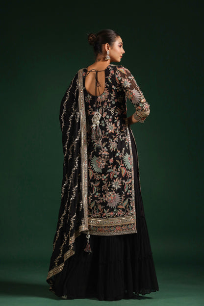 SummerFalling-Black Embroidered Premium Georgette Sharara Set