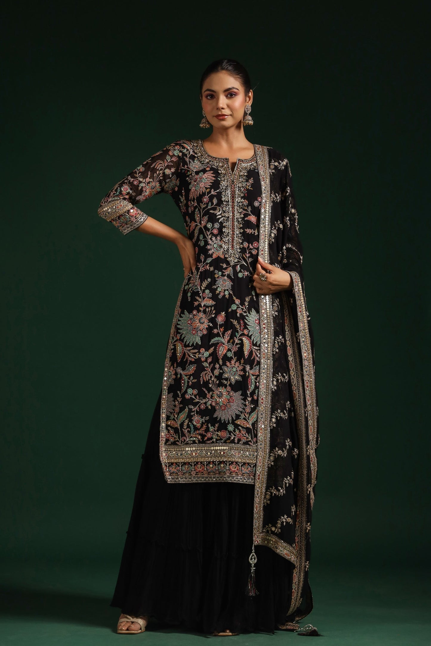 SummerFalling-Black Embroidered Premium Georgette Sharara Set