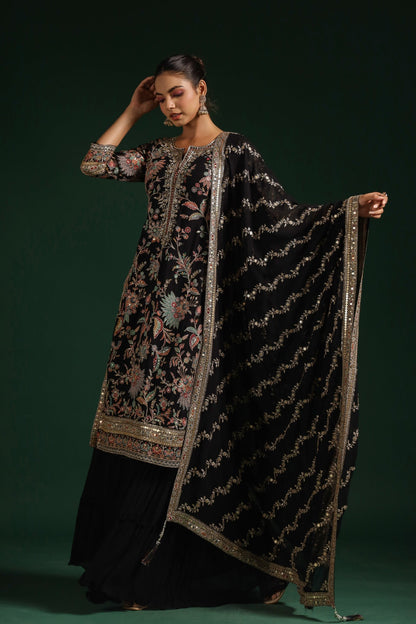 SummerFalling-Black Embroidered Premium Georgette Sharara Set