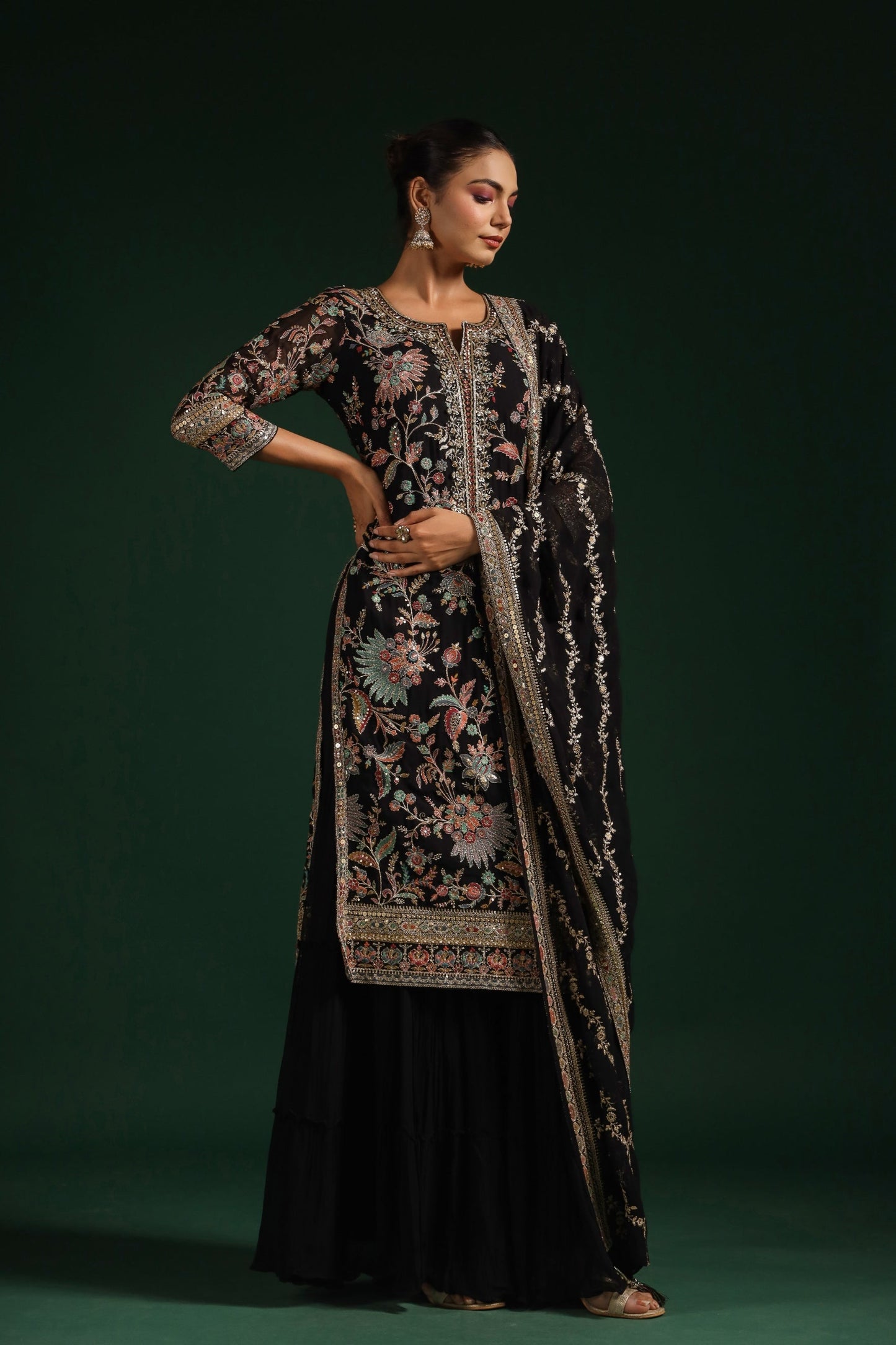 SummerFalling-Black Embroidered Premium Georgette Sharara Set