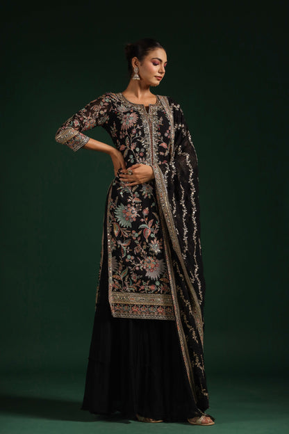 SummerFalling-Black Embroidered Premium Georgette Sharara Set
