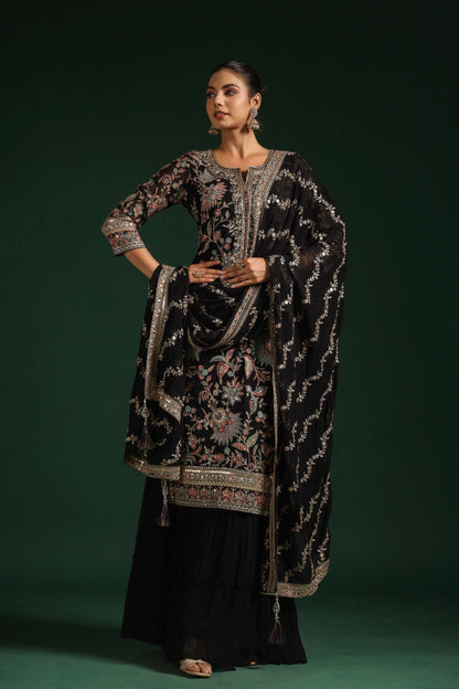 SummerFalling-Black Embroidered Premium Georgette Sharara Set