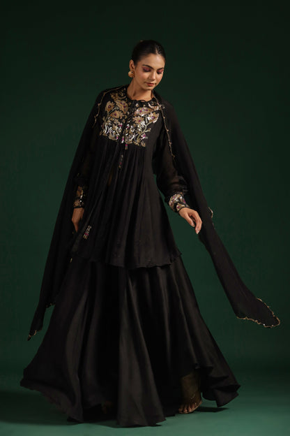 SummerFalling-Black Embellished Premium Chinon Silk Skirt Set