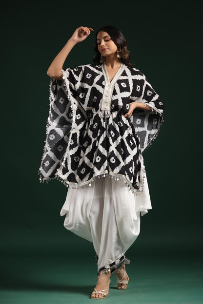 SummerFalling-Black & White Printed Habutai Silk Kaftan Dhoti Set