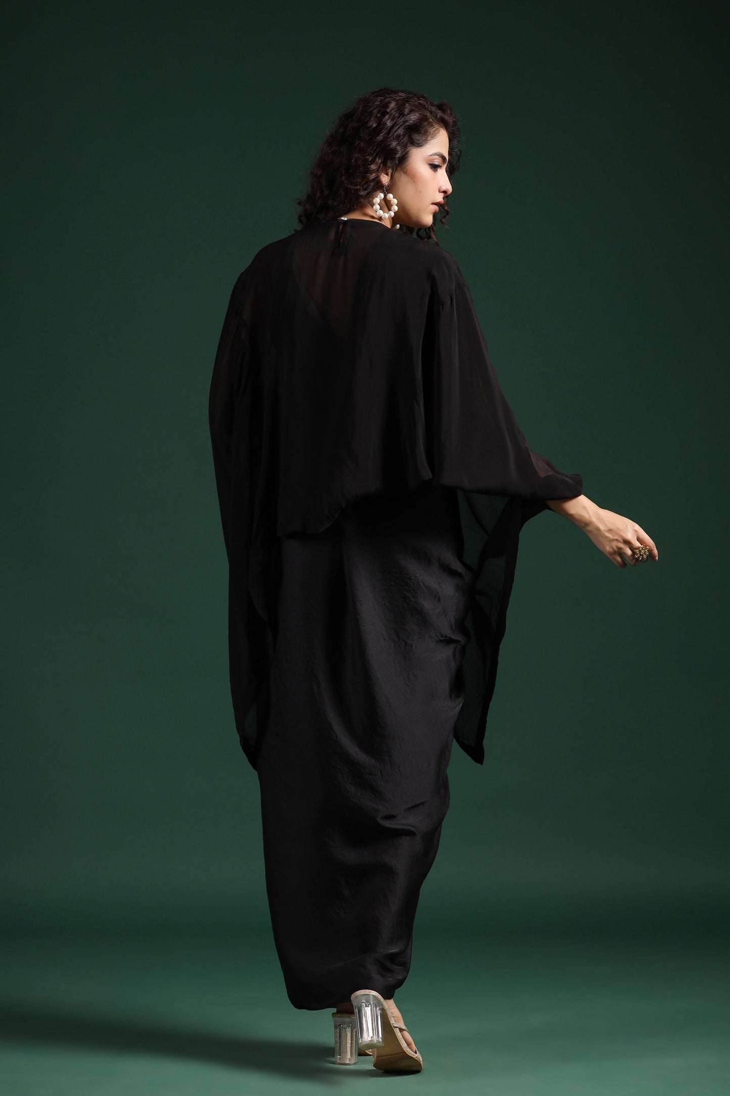 SummerFalling-Black Embellished Organza Silk Draped Skirt Set