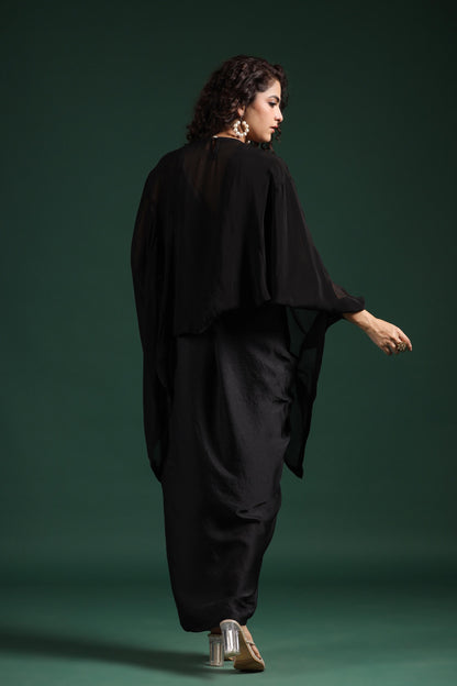 SummerFalling-Black Embellished Organza Silk Draped Skirt Set