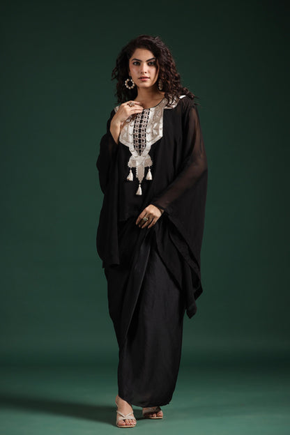 SummerFalling-Black Embellished Organza Silk Draped Skirt Set