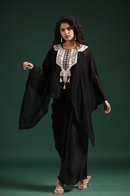SummerFalling-Black Embellished Organza Silk Draped Skirt Set