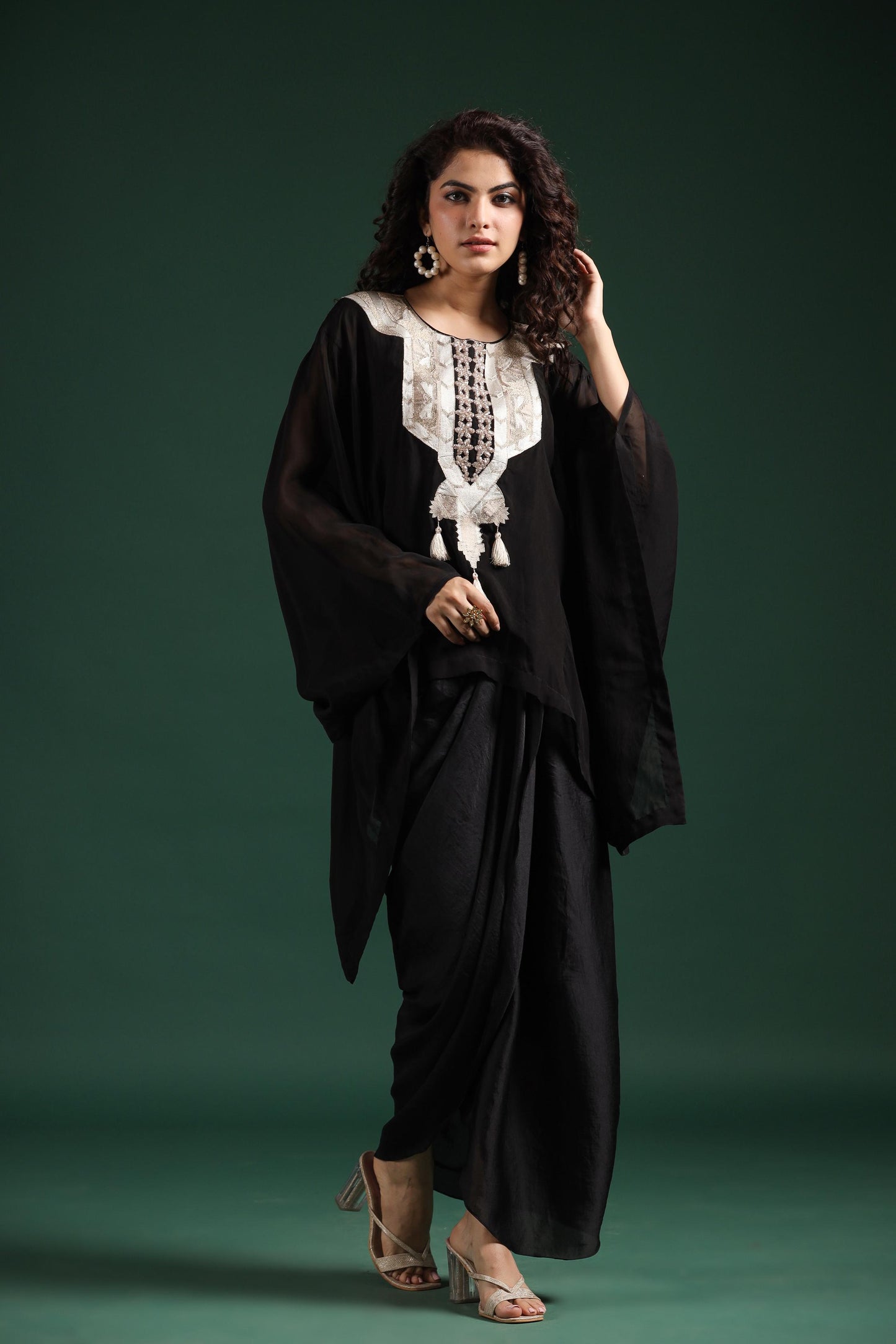 SummerFalling-Black Embellished Organza Silk Draped Skirt Set